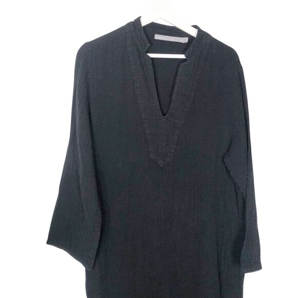 Ocean + Main Mandarin-Collar Gauze Caftan L/XL Black Side Pockets 100% Cotton - Picture 3 of 12